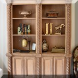 F22. Double bookcase with spiral columns and lower cabinets. 91”h x 69”w x 19.5”d 
